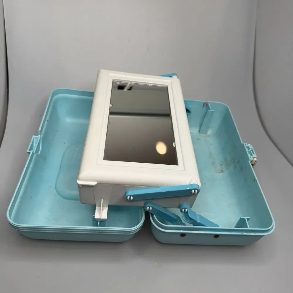 Caboodles Vintage 90s Makeup Case Blue Marble 2 Tier Tray Mirror GUC